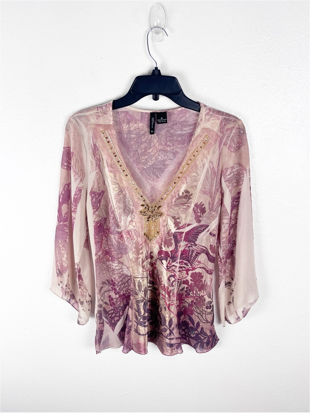 NEW DIRECTIONS Multicolored Beaded Sheer Long Sleeves Flowy Top Size Medium Y2K